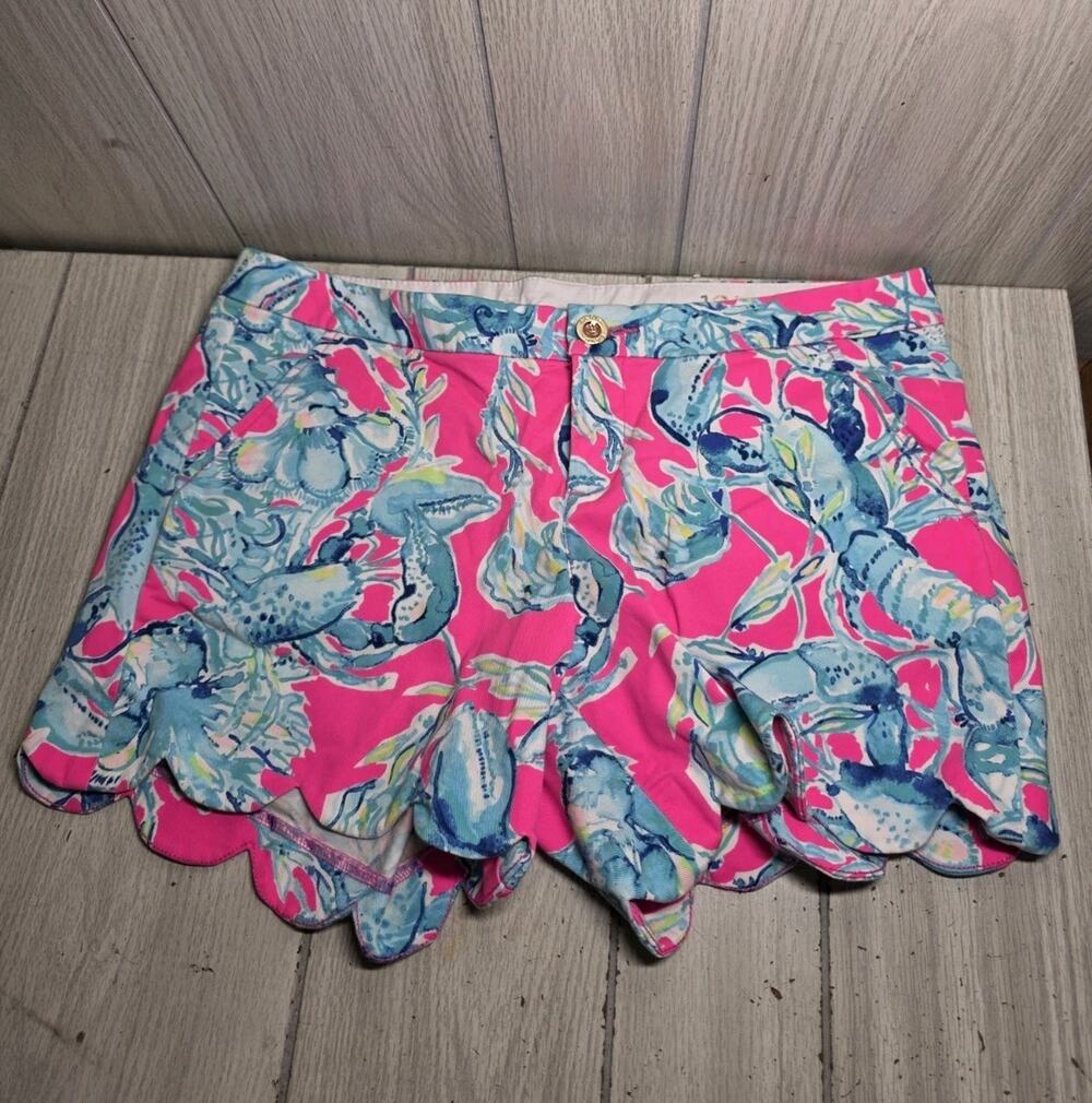 Lilly Pulitzer Buttercup Stretch Shorts Sz 10 Scallop Raz Berry Lobsters In Love